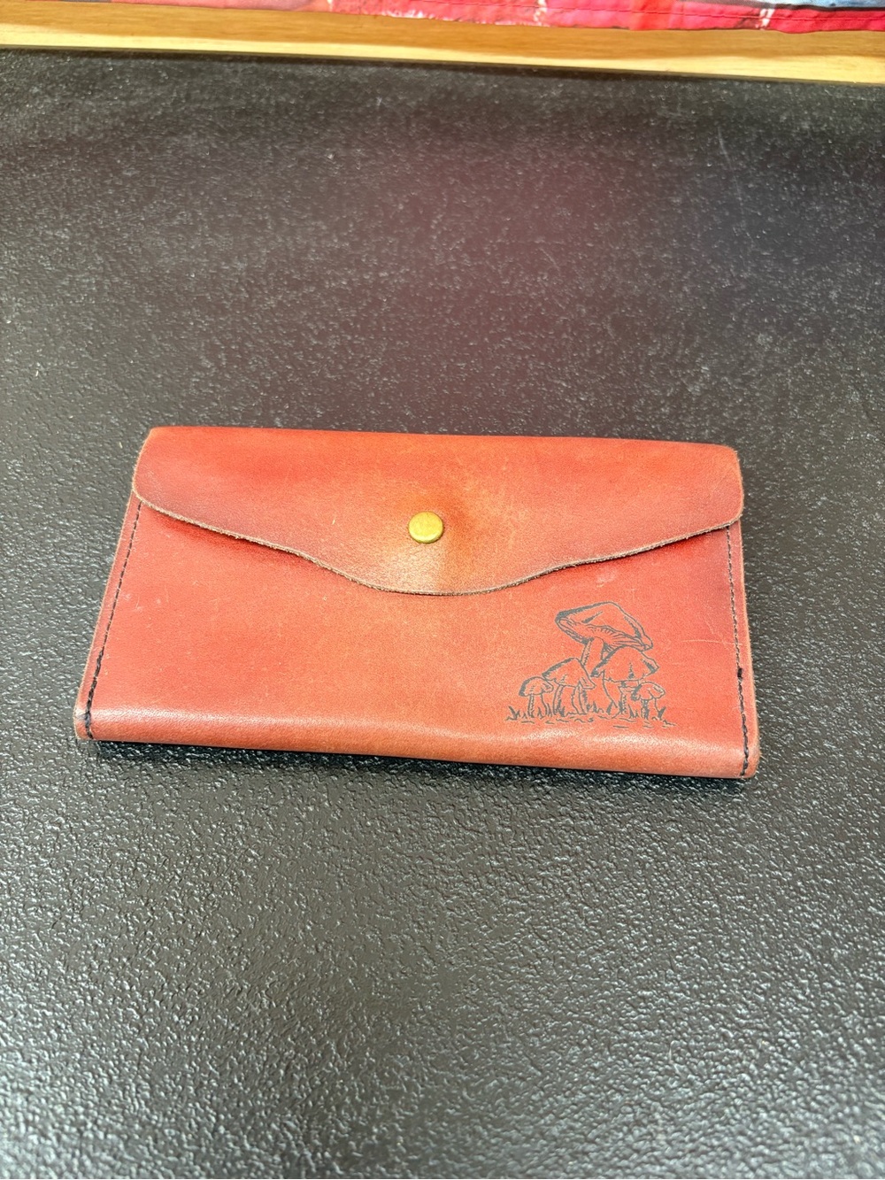 Vintage Rust Leather Snap Wallet with Mushroom